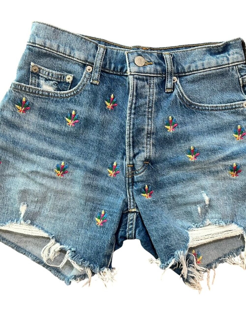 Lucky Brand Denim Cutoff Rip Shorts Rainbow Leaf Embroidered Women's Size 0/25